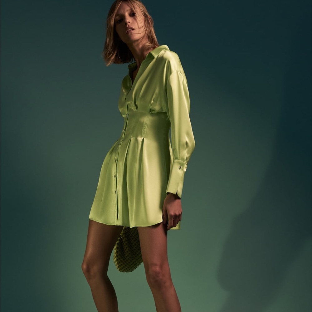 Satin effect lime green shirt dress